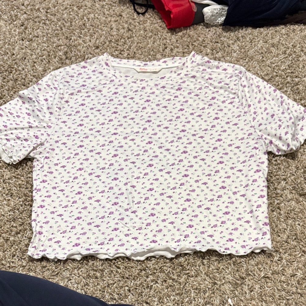 White Waist top Tee with Tiny Purple Floral Print